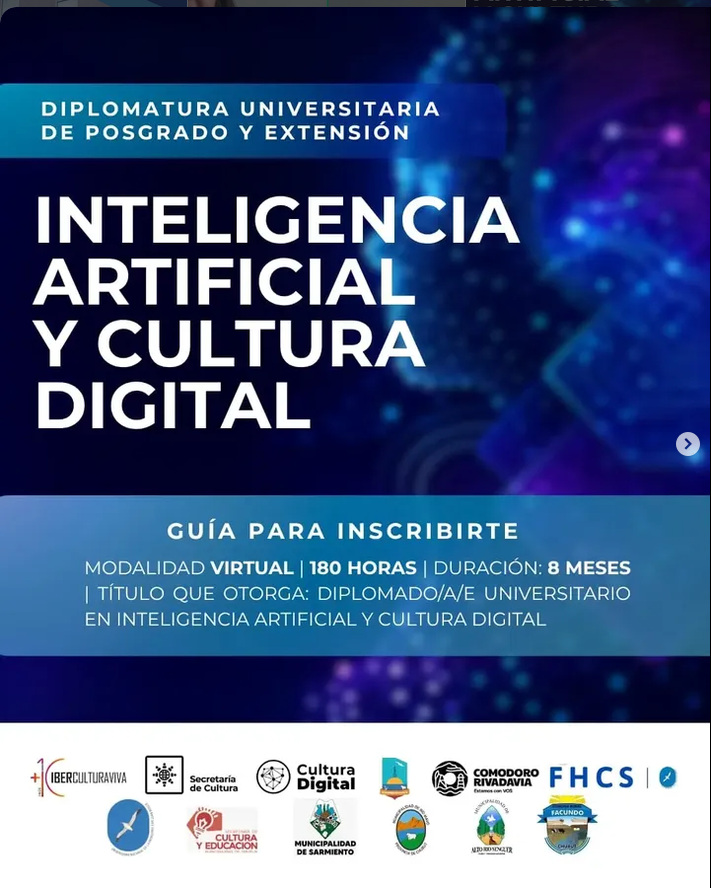 Afiche de la Diplomatura Universitaria de Posgrado y Extensión en Inteligencia Artificial y Cultura Digital: modalidad virtual, 180 horas y ocho meses de duración.
