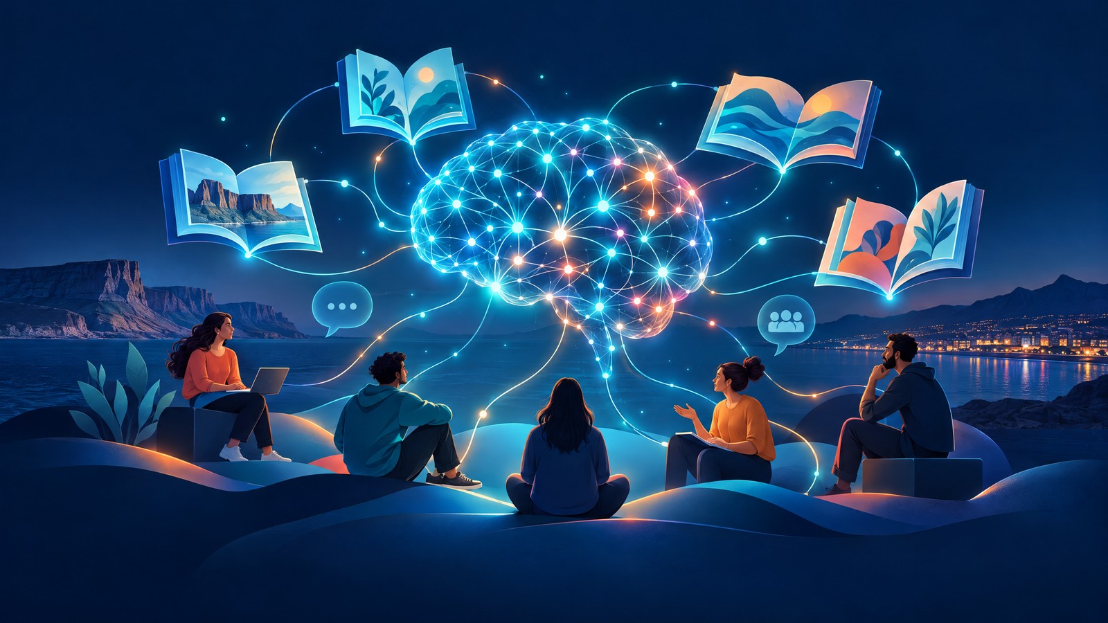 Ilustración de una red neuronal luminosa conectada con libros y personas que aprenden y dialogan sobre inteligencia artificial y cultura digital.